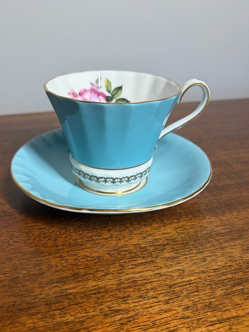 Vintage Aynsley English Bone China Teacup & Saucer - Turquoise & Pink Rose #2959